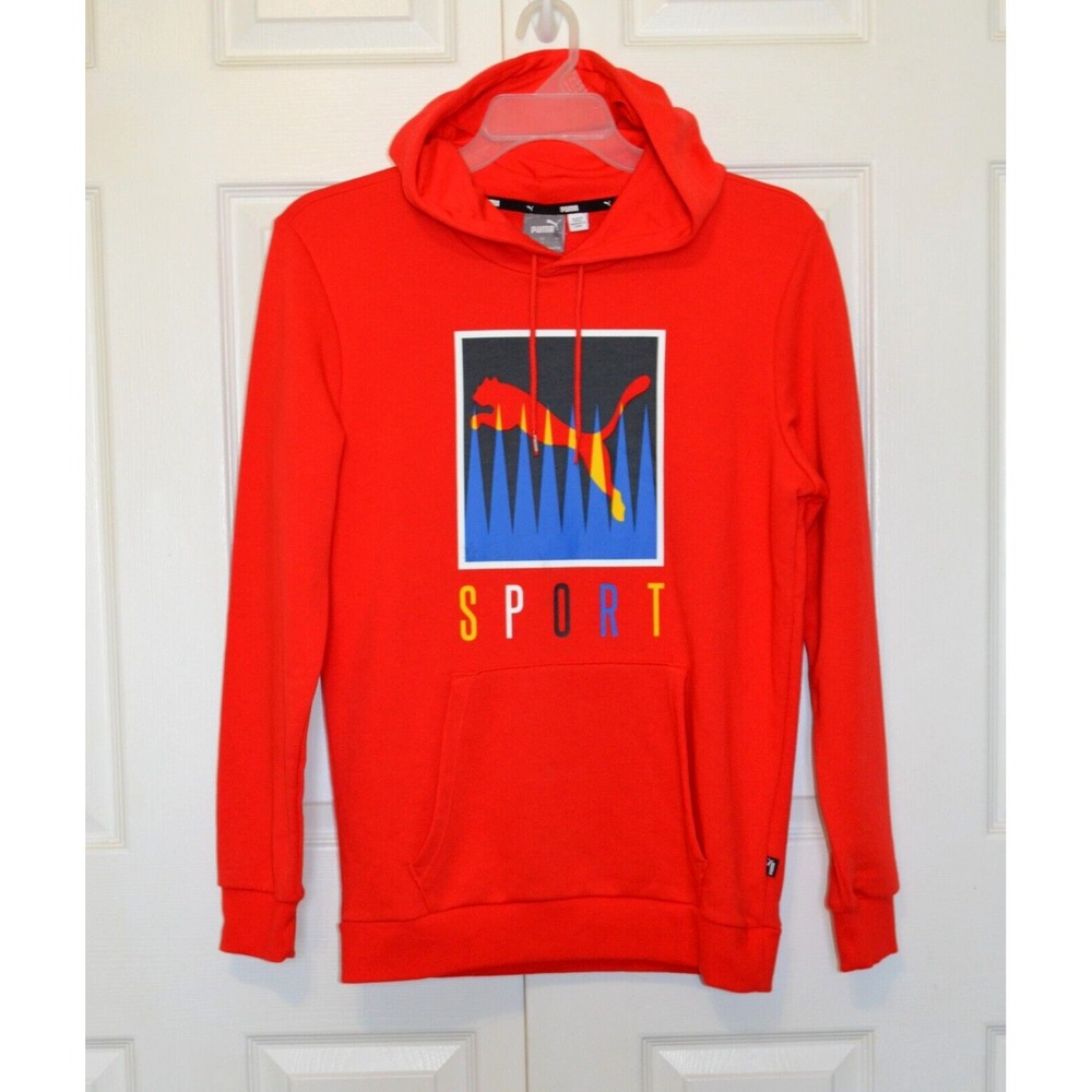 Puma Red Signature Logo Sport Graphic Hooded Sweatshirt Hoodie Men's S